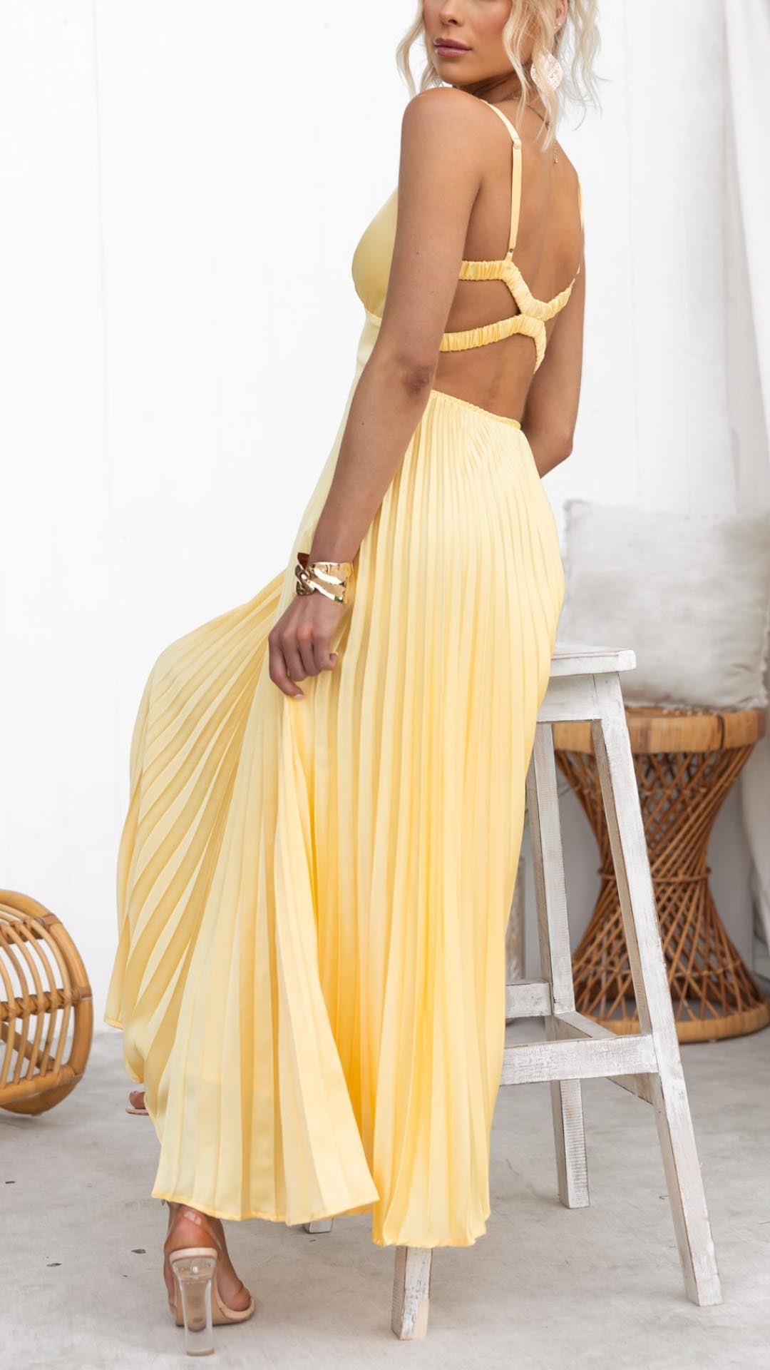 Robe Maxi Plissée Jaune